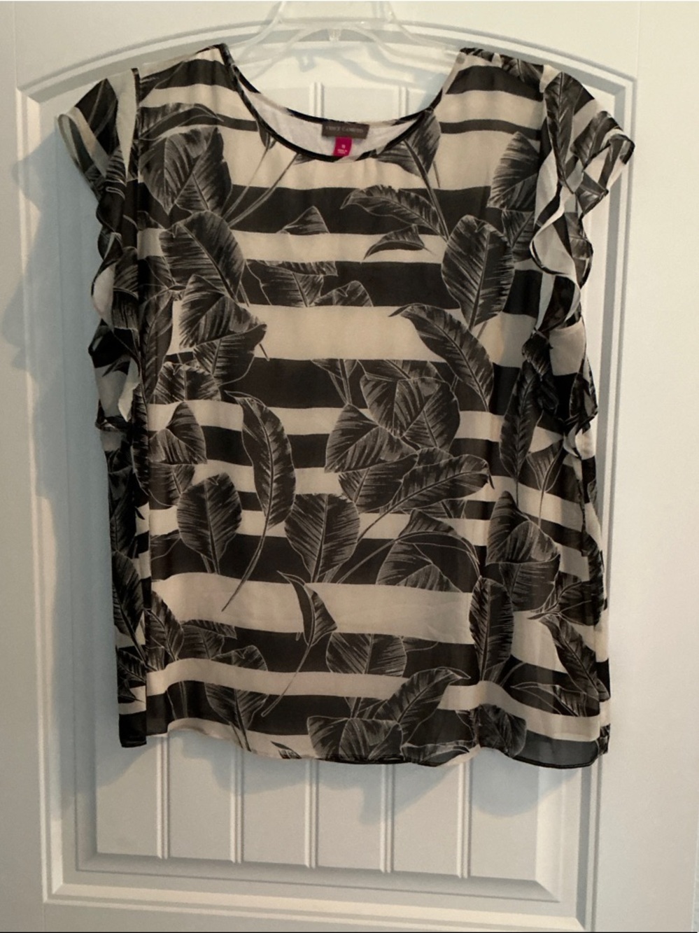 Vince Camuto Black and White Leaf Stripe Ruffle Sleeve Blouse